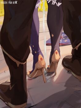 1boy 1girl aether_(genshin_impact) asymmetrical_legwear black_pants cum cumdrip genshin_impact hat hetero high_heels implied_ejaculation implied_sex lower_body mirai_hikari mismatched_legwear mona_(genshin_impact) pants pantyhose trembling unworn_hat unworn_headwear witch_hat