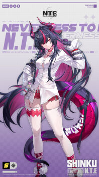 1girl absurdres badge barcode belt black_hair breasts button_gap character_badge choker cleavage company_name copyright_logo copyright_name dragon_girl dragon_horns english_text hair_between_eyes hair_ornament hand_in_own_hair head_tilt highres horns large_breasts logo long_hair looking_at_viewer multicolored_hair multicolored_horns multicolored_tail neverness_to_everness official_art pink_eyes pink_streaks purple_horns purple_tail red_belt red_shorts shinku_(nte) shirt short_shorts shorts streaked_hair tail thighhighs white_background white_shirt white_thighhighs