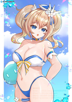 1girl artist_name barbara_(genshin_impact) barbara_(summertime_sparkle)_(genshin_impact) blue_choker blue_eyes bow breasts bubble choker cloud fanbox_username genshin_impact gumroad_username hair_ornament hat large_breasts looking_at_viewer navel official_alternate_costume pixiv_username rayka slime_(genshin_impact) solo swimsuit twintails twitter_logo twitter_username watermark web_address