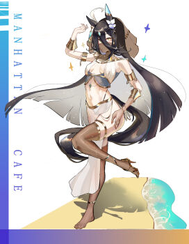 1girl animal_ears belly_dancing bikini black_gloves black_hair black_mask black_shoes black_thighhighs black_veil dancer elbow_gloves gloves hair_between_eyes high_heels highres hl_(user_zjud7874) horse_ears horse_girl horse_tail long_bangs long_hair looking_at_viewer manhattan_cafe_(umamusume) pelvic_curtain red_nails shoes single_elbow_glove single_shoe solo standing standing_on_one_leg swimsuit tail thighhighs umamusume veil very_long_hair white_bikini yellow_eyes