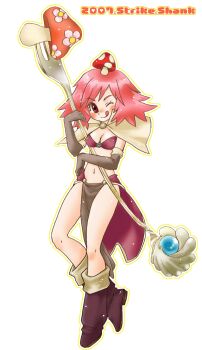 1girl 2000s_(style) 2007 :q bikini bikini_top_only blush boots breasts brown_boots brown_capelet brown_gloves capelet cleavage closed_mouth commentary_request elbow_gloves fork full_body gloves holding holding_fork john_(strike-shank) long_hair looking_at_viewer mage_(ragnarok_online) medium_breasts midriff mushroom mushroom_on_head navel one_eye_closed oversized_fork pelvic_curtain pink_hair ragnarok_online red_bikini red_eyes red_skirt showgirl_skirt simple_background skirt smile solo swimsuit tongue tongue_out