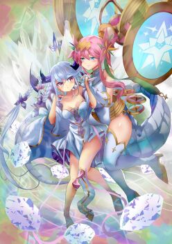 Rule 34 | 2girls, :o, absurdres, blue eyes, boots, bow, braid, breasts, closed mouth, commentary request, crystal, cyclepedia (duel masters), dragon girl, dragon horns, dragon tail, dress, duel masters, eighth note, flower, gloves, gold trim, green hair ornament, grey hair, hair between eyes, hair bow, hair flower, hair on horn, hair ornament, hairclip, higemoti, high ponytail, highres, horns, interlocked fingers, knee horn, leotard, long hair, medium breasts, multicolored hair, multiple girls, musical note, orange hair, pink bow, pink eyes, pink hair, ponytail, purple bow, purple horns, rafululu love (duel masters), tail, thigh boots, twin braids, white dress, white gloves, white leotard