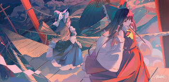 2girls absurdres an_di_baozhen apron arm_at_side ascot back_bow bare_shoulders black_dress black_hair black_hat blonde_hair bow bridge broom closed_mouth cloud collared_shirt commentary_request detached_sleeves dress frilled_apron frilled_bow frilled_dress frilled_hair_tubes frilled_skirt frilled_sleeves frills from_behind full_body hair_bow hair_tubes hakurei_reimu hand_on_own_hip hat hat_bow highres holding holding_broom holding_umbrella kirisame_marisa long_dress long_hair long_skirt long_sleeves looking_ahead looking_at_another multiple_girls nontraditional_miko oil-paper_umbrella puffy_short_sleeves puffy_sleeves red_bow red_eyes red_shirt red_skirt ribbon-trimmed_sleeves ribbon_trim shadow shirt short_sleeves signature skirt sleeveless sleeveless_dress sleeveless_shirt sleeves_past_fingers sleeves_past_wrists torii touhou turning_head umbrella vanishing_point walking white_apron white_bow white_shirt white_sleeves wide_sleeves witch_hat wooden_bridge yellow_ascot yellow_eyes