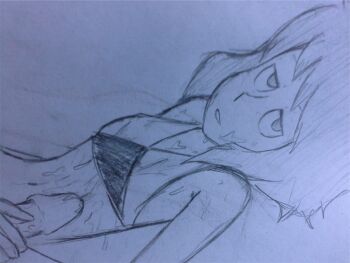 1boy 1girl artist_request bikini cum cum_on_body cum_on_upper_body lapis_lazuli_(steven_universe) looking_at_viewer monochrome penis short_hair sketch steven_universe swimsuit traditional_media