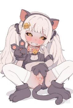 1girl animal_ears animal_hands bar_censor bell blush cat_cutout cat_ears cat_tail censored clothing_aside clothing_cutout collar commentary english_commentary fake_animal_ears fake_tail gloves grin highres indie_virtual_youtuber kumo_kuddelmuddel loli long_hair paid_reward_available paw_gloves possummachine pussy simple_background smile solo spread_pussy tail thighhighs twintails white_background white_thighhighs