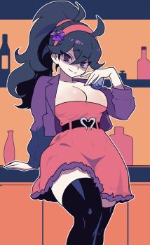 Rule 34 | 1girl, @ @, ahoge, alternate costume, alternate hairstyle, arm up, bar (place), belt, black belt, black hair, black thighhighs, bottle, breasts, cleavage, closed mouth, commentary, commission, crossed bangs, double-parted bangs, dress, english commentary, feet out of frame, flower, flower request, fur-trimmed dress, fur trim, hair flower, hair ornament, hairband, heart, heart o-ring, hex maniac (pokemon), hex maniac (pokemon xy), high ponytail, highres, jacket, large breasts, leaning on table, long hair, long sleeves, looking at viewer, nintendo, o-ring, orange background, outline, partially shaded face, pink dress, pokemon, pokemon xy, ponytail, purple background, purple flower, purple jacket, purple trim, raised eyebrow, red hairband, shelf, sleazynavi, sleeveless, sleeveless dress, smile, solo, split mouth, strapless, strapless dress, table, thighhighs, white outline, zettai ryouiki