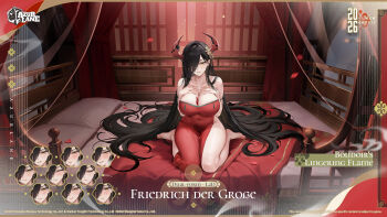 Rule 34 | 1girl, azur lane, barefoot, black hair, blush, breasts, character name, chart, cleavage, collarbone, copyright name, covered navel, dress, earrings, english text, expression chart, eyes visible through hair, feet, friedrich der grosse (azur lane), friedrich der grosse (boudoir's lingering flame) (azur lane), hair over one eye, hands on own chest, hands up, heart, heart-shaped pupils, highres, horns, indoors, jewelry, long hair, looking at viewer, mechanical horns, multiple expressions, official alternate costume, on bed, open mouth, parted lips, petals, red dress, sitting, sweat, symbol-shaped pupils, tassel, thighs, toes, very long hair, wariza, yellow eyes