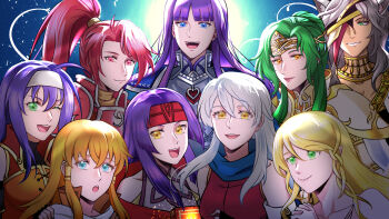6+girls altina_(fire_emblem) animal_ears armor blonde_hair blue_eyes brown_hair commentary_request elincia_ridell_crimea elincia_ridell_crimea_(undaunted_queen) fire_emblem fire_emblem:_radiant_dawn green_eyes grey_hair hair_tubes headband highres jill_(fire_emblem) leanne_(fire_emblem) lips long_hair mia_(fire_emblem) micaiah_(fire_emblem) mist_(fire_emblem) multiple_girls nailah_(fire_emblem) nintendo one_eye_closed own_hands_clasped own_hands_together ponytail purple_hair red_eyes red_hair sanaki_kirsch_altina smile tellius_forever wolf_ears yellow_eyes