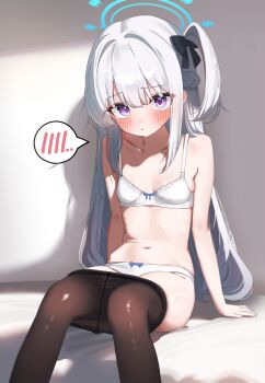1girl absurdres blue_archive blue_halo blush bow bra braid breasts clothes_pull drawing_flover hair_bow half_up_braid halo highres loli long_hair looking_at_viewer miyako_(blue_archive) one_side_up panties pantyhose pantyhose_pull sitting small_breasts solo spoken_blush underwear underwear_only white_bra white_hair white_panties