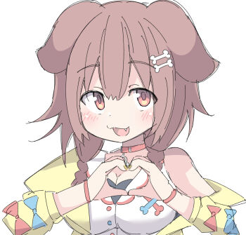 1girl :3 animal_ears blush bone_hair_ornament braid breasts brown_hair cartoon_bone commentary dog_ears dress fang hair_ornament heart heart_hands highres hololive inugami_korone inugami_korone_(1st_costume) jacket long_hair long_sleeves medium_breasts open_mouth red_eyes simple_background solo twin_braids umberblack white_background white_dress yellow_jacket