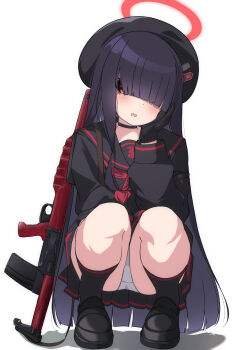 1girl assault_rifle beret black_choker black_gloves black_hair black_hat black_serafuku black_shoes black_socks blue_archive choker commentary_request em-2 gloves gun hair_over_eyes halo hat highres justice_task_force_member_(blue_archive) kaine_(gupisgood) kneehighs loafers long_hair long_sleeves looking_at_viewer neckerchief panties pantyshot red_eyes red_halo red_neckerchief rifle sailor_collar school_uniform serafuku shoes socks solo squatting underwear upskirt weapon white_background white_panties