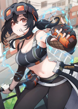 Rule 34 | 1girl, absurdres, artezahn, artist name, asymmetrical gloves, black choker, black hair, black pants, black sports bra, breasts, choker, city, cleavage, electricity, explosive, fishnet gloves, fishnets, gloves, goggles, goggles on head, grace howard, grenade, grenade pin in mouth, highres, large breasts, looking at viewer, mismatched gloves, navel, orange eyes, outdoors, pants, ponytail, sidelocks, solo, sports bra, stomach, zenless zone zero, zipper top
