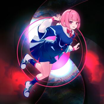 1girl black_background blue_shirt blue_skirt blue_socks blush breasts collared_shirt commentary creenoy highres hood hoodie kaf_(kamitsubaki_studio) kamitsubaki_studio long_sleeves neck_ribbon open_mouth pink_hair pink_ribbon purple_eyes red_pupils ribbon shirt shoes single_hair_intake skirt smile sneakers socks solo teeth thighs upper_teeth_only virtual_youtuber white_hoodie white_shoes yellow_pupils