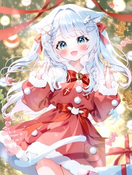 1girl :3 :d animal_ears blue_eyes blush bow braid candy cat_ears cat_girl cat_tail character_request christmas commission dress food fur-trimmed_dress fur_trim gift gingerbread_man hair_bow highres kise_inaka looking_at_viewer multicolored_eyes open_mouth original santa_costume santa_dress single_braid skeb_commission smile solo swept_bangs tail two_side_up white_hair