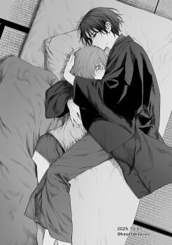 1boy 1girl anniversary bags_under_eyes blanket blush chikage_(kurakute_atatakai) chin_rest chinikuniku closed_mouth comforter commentary couple cuddling dated dolphin_shorts duplicate embarrassed empty_eyes feet_out_of_frame from_above futon hair_between_eyes hair_over_one_eye half-closed_eyes hand_on_another's_back hand_on_another's_head haori head_on_head head_rest hetero highres hug indoors japanese_clothes kimono kurakute_atatakai light_smile long_sleeves looking_ahead looking_at_another lying mayu_(kurakute_atatakai) monochrome nervous_sweating official_artist_extra on_side pillow pixel-perfect_duplicate short_hair short_shorts shorts sweat tatami twitter_username wide_sleeves yukata