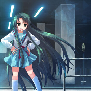 00s fang green_hair hands_on_own_hips long_hair school_uniform serafuku suzumiya_haruhi_no_yuuutsu tsuruya very_long_hair yakka yellow_eyes