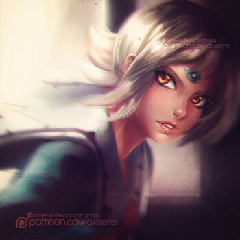 Rule 34 | 1girl, axsen, blurry, brown eyes, facial mark, female focus, forehead mark, from side, lal'c mellk mal, parted lips, pink lips, school uniform, silver hair, solo, top wo nerae! (series), top wo nerae 2!, upper body, watermark, web address