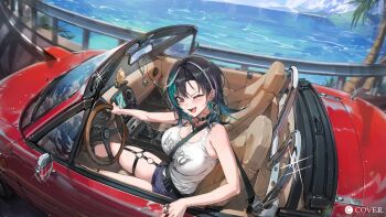 1girl ;d aqua_hair black_choker black_hair blue_sky braid braided_bangs breasts car choker cloud colored_inner_hair commentary_request convertible copyright_name day driving earrings hololive hololive_dev_is jewelry large_breasts looking_at_viewer maenoo medium_hair motor_vehicle multicolored_hair multiple_rings ocean official_art one_eye_closed open_mouth outdoors purple_hair purple_shorts red_car red_eyes rindo_chihaya ring seatbelt_between_breasts short_shorts shorts sky smile solo streaked_hair tank_top virtual_youtuber white_hair white_tank_top