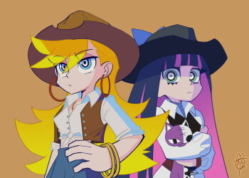 2025 2girls artist_name black_vest blonde_hair blue_bow blue_eyes blue_skirt blunt_bangs bow breasts brown_background brown_hat brown_vest closed_mouth collarbone collared_shirt colored_inner_hair commentary cowboy_hat curly_hair doll earrings english_commentary expressionless eyebrows_hidden_by_hair female_focus frilled_sleeves frills hair_bow hat holding holding_doll honekoneko_(psg) hoop_earrings jewelry joelreeves_(realqiaobuyi) long_hair long_sleeves looking_ahead looking_at_viewer midriff multicolored_hair multiple_girls necklace panty_&amp;_stocking_with_garterbelt panty_(psg) pink_hair purple_hair ringed_eyes shirt siblings simple_background sisters skirt sleeves_rolled_up small_breasts stocking_(psg) straight_hair stuffed_animal stuffed_cat stuffed_toy swept_bangs tied_shirt upper_body very_long_hair vest white_shirt wide_brim