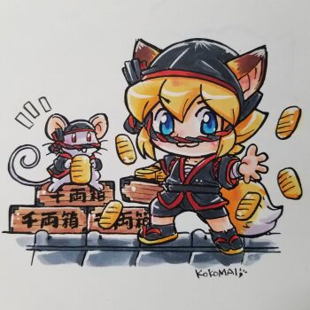 :3 animal animal_ears artist_name bandaged_arm bandages black_sash black_shorts black_socks blonde_hair blue_eyes box coin commentary crime_crackers fox_ears fox_girl fox_tail gold gozonji!_onna_nezumi_kozou highres hokkamuri holding holding_box japanese_clothes koban_(gold) kokomahi leaza_(crime_crackers) mouse_(animal) notice_lines on_roof rearing red_eyes sandals sarashi sash short_hair shorts socks standing tabi tail throwing throwing_money traditional_media translated zouri