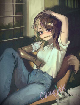 1girl blonde_hair bone_hair_ornament brown_hair chocojax commentary denim dog_girl dog_tail elbow_on_knee english_commentary evening film_grain green_background hair_between_eyes hair_ornament highres holding holding_own_hair jeans knee_up light_blush looking_at_viewer multicolored_eyes multicolored_hair original pants pen_in_mouth prosthesis prosthetic_arm shadow shirt short_sleeves sitting solo streaked_hair tail thick_eyebrows virtual_youtuber watermark white_shirt window