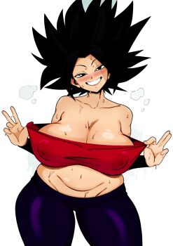 1girl ajaycolor black_eyes black_hair blush breasts bunkwizard caulifla cleavage colored_inner_hair colored_sketch colored_skin colorized covered_erect_nipples dragon_ball dragon_ball_super female_focus highres large_breasts looking_at_viewer medium_hair multicolored_hair navel plump pointy_nipples pulling_shirt recolor saiyan sexually_suggestive shounen_jump smile solo solo_focus strapless sweat sweatdrop thick_thighs thighs tight_clothes tube_top v wide_hips