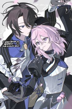 1boy 1girl ascot blue_eyes blue_shirt brown_hair collared_shirt dancing evodtonaeco gloves hair_between_eyes highres holding_hands juliet_sleeves long_hair long_sleeves looking_at_another original parted_bangs pink_eyes pink_hair puffy_sleeves shirt short_hair