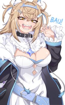 animal_collar animal_ears blonde_hair boku_no_hero_academia breasts cleavage coat collar fangs fuwawa_abyssgard highres hololive hololive_english large_breasts unusualpie yellow_eyes