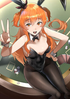 1girl absurdres animal_ear_hairband animal_ears black_bow black_bowtie black_leotard black_pantyhose bow bowtie breasts card detached_collar ear_covers fake_animal_ears feet_out_of_frame from_above hairband hand_on_own_hip highres jitome_no_tsugumi leotard mayano_top_gun_(umamusume) orange_hair pantyhose playboy_bunny playing_card poker_chip poker_table rabbit_ears small_breasts solo strapless strapless_leotard table two_side_up umamusume v wrist_cuffs