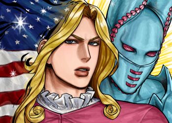 Rule 34 | 1boy, 1other, absurdres, american flag, blonde hair, blue eyes, blue skin, coat, colored skin, compound eyes, curly hair, dirty deeds done dirt cheap, frilled shirt collar, frills, funny valentine, highres, jojo no kimyou na bouken, long hair, looking at viewer, male focus, mask, mechimun jojo, mouth mask, parted lips, pink coat, pink eyes, portrait, shirt, stand (jojo), steel ball run, white shirt