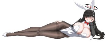 1girl alternate_breast_size_(larger) alternate_costume animal_ear_hairband animal_ears black_hair black_halo black_shrug blue_archive bow bowtie breasts bright_pupils brown_pantyhose closed_mouth commentary covered_navel detached_collar english_commentary evil_rat eyelashes fake_animal_ears full_body hair_ornament hairband half-closed_eyes halo hand_on_own_face hand_up highres huge_breasts leotard long_hair looking_at_viewer lying multicolored_halo nontraditional_playboy_bunny on_side pantyhose playboy_bunny rabbit_ear_hairband rabbit_ears red_bow red_bowtie red_eyes red_halo rio_(blue_archive) shoes shrug_(clothing) simple_background smile solo strapless strapless_leotard two-tone_halo white_background white_hairband white_leotard white_pupils white_shoes wing_collar