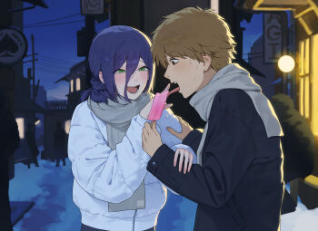 1boy 1girl b1026 black_jacket blonde_hair blue_hair blush brown_eyes chainsaw_man commentary_request denji_(chainsaw_man) double-parted_bangs food from_side green_eyes grey_scarf hair_between_eyes hand_on_another's_arm hand_on_another's_wrist hand_up hands_up highres holding holding_food holding_popsicle jacket lamppost laughing licking_food light_blush long_hair long_hair_between_eyes long_sleeves looking_at_another open_mouth outdoors padded_jacket pointing pointing_at_another popsicle purple_hair reze_(chainsaw_man) scarf sharp_teeth short_hair sign sleeve_cuffs sleeves_past_wrists smile teeth tongue tongue_out upper_body white_jacket winter