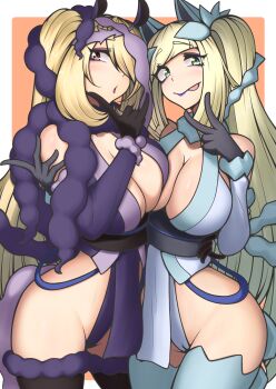 Rule 34 | 2girls, bare shoulders, blonde hair, blue kimono, border, breasts, center opening, commentary request, cynthia (pokemon), dagitsune, green eyes, hair over one eye, hand on another's stomach, heart, heart-shaped pupils, highres, japanese clothes, kimono, large breasts, long hair, looking at viewer, lusamine (pokemon), multiple girls, nintendo, open mouth, pokemon, pokemon dppt, pokemon sm, purple kimono, side ponytail, symbol-shaped pupils, tongue, tongue out, white border