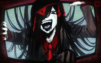 1girl black_hair formal_clothes highres joki_yoh long_hair long_sleeves necktie original pale_skin red_necktie red_shirt sharp_teeth shirt static suit teeth