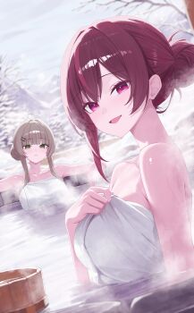Rule 34 | 2girls, absurdres, bare shoulders, bare tree, bathing, blunt bangs, blush, breasts, brown hair, bucket, collarbone, commentary, green eyes, hair bun, hair ornament, hairclip, hand on own chest, highres, jururu, korean commentary, large breasts, long hair, looking at viewer, mountain, multicolored hair, multiple girls, naked towel, onsen, open mouth, outdoors, parted lips, partially submerged, purple eyes, red eyes, red hair, sei (0724sei6), sidelocks, single hair bun, single side bun, smile, snow, steam, streaked hair, towel, tree, upper body, viichan, virtual youtuber, waktaverse, water, wet, winter, wooden bucket