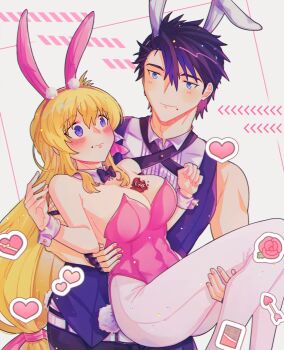 Rule 34 | 1boy, 1girl, agnes claudel, animal ear hairband, animal ears, blonde hair, blue eyes, blue hair, blush, breasts, carrying, carrying person, closed mouth, couple, eiyuu densetsu, fake animal ears, fake tail, hairband, happy valentine, highleg, highleg leotard, highres, kai no kiseki, kuro no kiseki (series), leotard, long hair, misa fullmetal, pantyhose, pink pantyhose, playboy bunny, rabbit ear hairband, rabbit ears, short hair, tail, van arkride, wrist cuffs