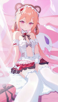 Rule 34 | 1girl, absurdres, bare shoulders, blonde hair, breasts, commentary request, detached collar, dress, frilled dress, frilled thighhighs, frills, highres, looking at viewer, mistique (stella sora), navel, pension z, purple eyes, see-through clothes, sitting, small breasts, solo, stella sora, stomach, thighhighs, white dress, white thighhighs, zettai ryouiki