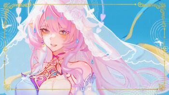 1girl artist_name bare_shoulders blue_sky breasts bridal_veil commentary cyrene_(honkai:_star_rail) cyrene_(ripples_of_past_reverie)_(honkai:_star_rail) dress fl0wer_fumi highres honkai:_star_rail honkai_(series) large_breasts long_hair morse_code_commentary pink_hair pointy_ears purple_eyes sky solo symbol-only_commentary upper_body veil very_long_hair white_dress