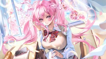 absurdres blossum_(vtuber) bow bowtie breasts bubble chair closed_mouth collared_shirt commentary desk diagonal-striped_bow diagonal-striped_bowtie diagonal-striped_clothes english_commentary eyelashes fangwan flower hair_flower hair_ornament highres holding holding_letter indie_virtual_youtuber letter long_hair long_sleeves phone pink_eyes pink_flower pink_hair red_bow red_bowtie school_chair school_desk shirt striped_bow striped_bowtie striped_clothes sweater_vest virtual_youtuber white_shirt window yellow_sweater_vest