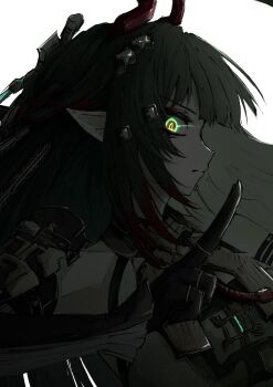 1girl aizettonagi arknights arknights:_endfield black_gloves black_hair closed_mouth commentary_request dragon_girl dragon_horns eastern_dragon_horns gloves glowing glowing_eyes green_eyes highres horns long_hair looking_at_viewer pointy_ears profile red_horns solo upper_body zhuang_fangyi_(arknights)