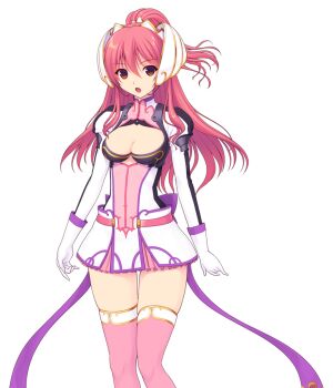 1girl :o breasts brown_eyes cleavage cleavage_cutout clothing_cutout dress en_ciel_rena en_ciel_rena_(sin) game_cg gloves hair_ornament kourin_tenshi_en_ciel_rena large_variant_set long_hair long_sleeves looking_at_viewer medium_breasts non-web_source official_art open_mouth pink_hair pink_thighhighs ponytail red_eyes red_hair saitou_natsuki short_dress skirt solo standing suhamaya thigh_gap thighhighs tomoe_rena transparent_background variant_set white_gloves zettai_ryouiki