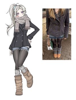 Rule 34 | 1girl, alternate costume, alternate hairstyle, black jacket, black pantyhose, blonde hair, blush stickers, boots, brown boots, brown scarf, closed mouth, commentary request, contemporary, dimelchuu, edelgard von hresvelg, expressionless, fire emblem, fire emblem: three houses, full body, hand on own hip, head tilt, highres, jacket, korean commentary, long sleeves, looking at viewer, nintendo, pantyhose, parted bangs, photo-referenced, purple eyes, scarf, shorts, side ponytail, solo, standing, standing on one leg, torn clothes, torn shorts, white background