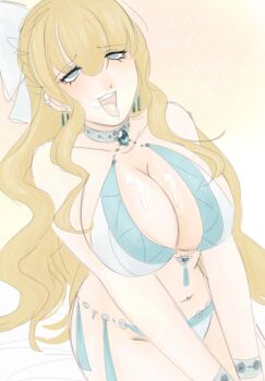 1girl alternate_costume bare_shoulders blonde_hair blue_hair bow breasts charlotte_(fire_emblem) chichechuchan cleavage cum cum_in_mouth cum_on_body cum_on_breasts cum_on_upper_body earrings facial fire_emblem fire_emblem_fates hair_bow heart heart-shaped_pupils jewelry large_breasts long_hair midriff navel nintendo simple_background sitting solo symbol-shaped_pupils wavy_hair