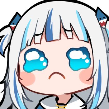 1girl :c artist_request bad_link blue_hair blunt_bangs blush_stickers chibi frown furrowed_brow gawr_gura gawr_gura_(1st_costume) hair_ornament hololive hololive_english multicolored_hair official_art portrait sad shark_hair_ornament solo streaked_hair tearing_up transparent_background two_side_up virtual_youtuber white_hair
