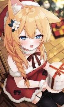 Rule 34 | 1girl, animal ears, black bow, black thighhighs, blonde hair, blue archive, blue eyes, blush, bow, braid, christmas, christmas outfit, commentary request, dress, fox ears, fox girl, fox tail, fur trim, gift, hat, highres, holding, holding gift, long hair, mari (blue archive), original, red dress, santa hat, sasakichi (ssk chi), side braid, sleeveless, sleeveless dress, smile, tail, thighhighs
