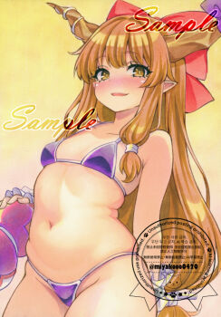 1girl alternate_costume bikini blonde_hair blush bow brown_horns commentary_request groin hair_bow horn_ornament horn_ribbon horns ibuki_suika long_hair looking_at_viewer miyakooo0420 oni open_mouth pointy_ears purple_bikini red_bow ribbon sample_watermark smile solo stomach swimsuit touhou very_long_hair watermark yellow_eyes