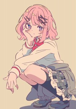 1girl amaori_renako ashigaya_high_school_uniform bow bowtie closed_mouth clothes_around_waist dot_mouth frilled_skirt frills hair_ornament hairclip hand_on_own_face head_rest honkawa_works jacket jacket_around_waist kneehighs loafers long_hair looking_at_viewer parallel_hairclips pink_hair plaid_clothes plaid_skirt purple_eyes red_bow red_bowtie school_uniform shirt shoes short_hair skirt socks solo squatting watashi_ga_koibito_ni_nareru_wake_naijan_murimuri! white_shirt x_hair_ornament yellow_background