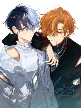 2boys absurdres aoyagi_touya arm_on_another's_shoulder bare_shoulders candy chain commentary earrings food fwly_yuuuuuuuz highres jewelry lollipop lollipop_in_mouth long_sleeves multicolored_hair multiple_boys orange_eyes orange_hair project_sekai shinonome_akito shirt smile symbol-only_commentary teeth white_background white_shirt