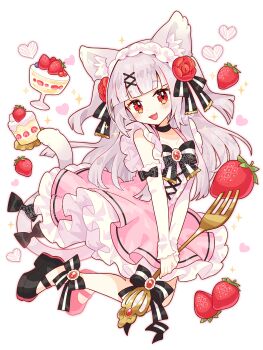 1girl :3 :d absurdres animal_ear_fluff animal_ears bare_shoulders black_bow black_bowtie black_choker black_shoes blunt_bangs blush bow bowtie cake cat_ears cat_girl cat_tail choker collarbone commentary detached_sleeves dress flower food fork frilled_dress frills fruit full_body grey_hair hair_flower hair_ornament hair_ribbon hairband highres holding holding_fork long_hair long_sleeves looking_at_viewer open_mouth original pink_dress red_flower red_rose ribbon rose saijo1201 shoes simple_background sleeve_bow sleeveless sleeveless_dress smile solo sparkle standing strawberry striped_bow striped_bowtie striped_clothes striped_ribbon tail tail_bow tail_ornament two_side_up watermark white_background white_hairband white_sleeves x_hair_ornament