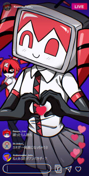 2girls absurdres ahoge ambassador_(synthesizer_v) bandaid bandaid_on_head bare_shoulders baseball_bat black_gloves blurry blurry_background character_name chat_log crossed_bandaids detached_hair drill_hair elbow_gloves gloves grey_skirt heart heart_hands highres igaku_(utau) kasane_teto liar_dancer_(synthesizer_v) livestream multiple_girls object_head pleated_skirt purple_background red_hair shaded_face shirt skirt sleeveless sleeveless_shirt standing sumi_ringo synthesizer_v television tiktok tiktok_live translation_request twin_drills utau white_shirt
